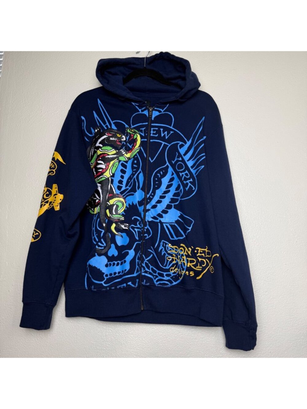 Ed Hardy Navy Panther Bulldog Zip Hoodie With Skull & Crown Graphics M